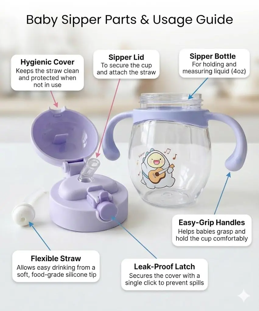 Naughty Burps Transparent Sipper Bottle with Long Straw | BPA-Free | Leak-Proof | Easy-Grip for Babies and Toddlers | 300ml Capacity